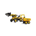 Tractopelle � p�dales avec excavatrice arri�re, selle pivotante et remorque double essieux basculante ...