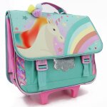 Trolley scolaire fille motif licorne base plastique bleu / rose / clair / gris