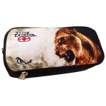 Trousse ovale imprim� t�te de lion en tissu noir / beige / blanc