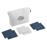 Trousse de toilette en coton matelass� et 6 carr�s �ponge - petit nuage blanc / bleu