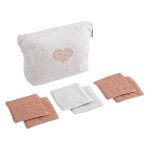 Trousse de toilette en coton matelass� et 6 carr�s �ponge - petit nuage blanc / rose