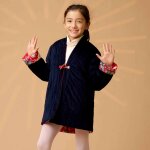 Veste chinoise r�versible fleurie kim bleu marine rouge