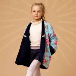 Veste chinoise r�versible fleurie kim bleu marine bleu turquoise