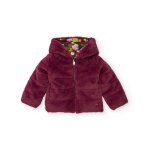 Veste en fausse fourrure pour fille avec capuche et doublure fleurie fuchsia