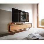 Buffet bas stonegrace 145 cm acacia nature 3 portes placage en pierre pieds en v