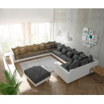 Canap� - panoramique clovis xxl blanc noir avec tabouret et accoudoirs poufs gauche