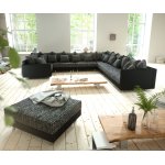 Canap� - panoramique clovis xxl modulable noir avec tabouret et accoudoirs poufs droite