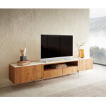 Meuble - tv secara 220 cm acacia naturel 2 portes 2 tiroirs marbre pieds inoxydable