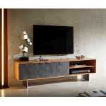 Meuble - tv teele 160 cm acacia naturel ardoise 2 portes pied flottant inoxydable.