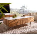 Table basse bahan 115x60 cm mangue teck 2 tiroirs plateau marbre blanc pied d'angle en acier inoxydable ...