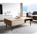 Table basse kleo 115x60 cm acacia naturel 2 tiroirs pieds angulaires métal noir Table basse kleo 115x60 cm acacia naturel 2 tiroirs pieds angulaires métal noir