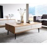 Table basse kleo 115x60 cm acacia naturel 4 tiroirs pieds angulaires métal noir Table basse kleo 115x60 cm acacia naturel 4 tiroirs pieds angulaires métal noir