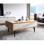 Table basse kleo 80x60 cm acacia naturel 2 tiroirs pieds angulaires métal noir Table basse kleo 80x60 cm acacia naturel 2 tiroirs pieds angulaires métal noir