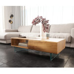 Table basse new live - edge 115x60 cm acacia naturel 2 tiroirs 1 compartiment pieds en verre Table basse new live - edge 115x60 cm acacia naturel 2 tiroirs 1 compartiment pieds en verre