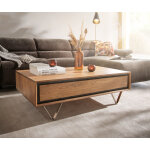 Table basse stonegrace 115x60 acacia nature 2 tiroirs placage en pierre pieds en v