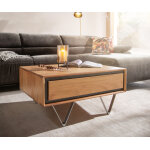 Table basse stonegrace 80x60 acacia nature 2 tiroirs placage en pierre pieds en v