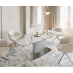 Table  manger edge 180 - 220x100 cramique calacatta luxe blanc - dor - gris wave acier inoxydable ...