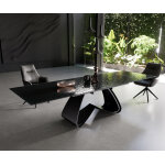 Table � manger edge 200 - 300x100 verre fondu noir fum� relief en 3d cadre en w noir extensible