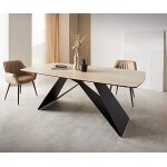 Table à manger edge en forme de bateau 200x100 céramique travertin nature cadre en v acier plat noir Table à manger edge en forme de bateau 200x100 céramique travertin nature cadre en v acier plat noir