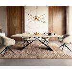 Table à manger edge en forme de bateau 240x120 céramique travertin nature cadre en v acier plat noir Table à manger edge en forme de bateau 240x120 céramique travertin nature cadre en v acier plat noir
