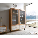 Vitrine kleo 115x150 cm acacia naturel 2 portes 4 tiroirs pieds angulaires m�tal noir