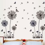 2 noir, 60 * 90cm stickers muraux pissenlit d�coration murale, grand pissenlit fleur v�g�tal autocollant ...