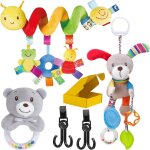 4 jouets pour poussette bb : spirale, peluche suspendue, hochet souple et crochets suspendus - accessoires ...