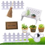 9 pices miniature jardin ornements outils de jardin, 3 mini plantes, 1 banc, 1 balai, 1 tapis, 1 arrosoir, ...
