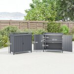 Armoire de rangement de jardin sur pied, table de rempotage 2 en 1 double porte, etag�re, plateau m�tal ...