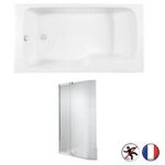Baignoire bain douche malice antidrapante + pare bain blanc mat, 170 x 90 version gauche