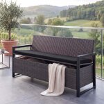 Banc 3 places en polyrotin hwc - f39, banc de jardin avec coffre de rangement, coussins d'assise gris, ...