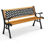Banc de jardin 3 places 126 x 52 x 74 cm en fonte laqu�e et bois naturel, style simple et robuste, usage ...