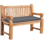 Banc de jardin dossier a lattes droites 120 cm en bois de teck avec accoudoirs et coussin d'assise gris ...