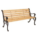 Banc de jardin hwc - o25, banc 3 places en bois et fonte, 164 cm naturel