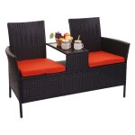 Banc avec table en polyrotin hwc - e24, banquette de jardin, ensemble, 132cm noir, coussin terre cuite ...