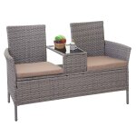 Banc avec table en polyrotin hwc - e24, banquette de jardin, meuble de jardin 132cm gris, coussin cr�me ...