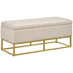Banquette coffre de rangement acier dor assise capitonne tissu beige