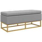 Banquette coffre de rangement acier dor� assise capitonn�e tissu gris
