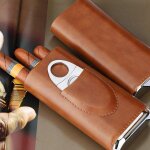 Bote a cigares portable a 3 doigts, haute qualit, etui en cuir marron avec coupe - cigare