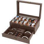 Bote a montres a 2 couches, cuir ecrin a montres bois avec couvercle verre, coussinets pour montres ...