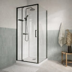 Cabine de douche carr�e 90x90 - colonne thermostatique noire et receveur bas effet pierre