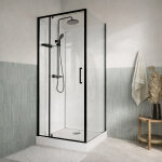 Cabine de douche carr�e 90x90 - colonne thermostatique noire et receveur haut effet pierre