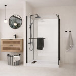 Cabine de douche � l'italienne 120x90 - colonne thermostatique noire et receveur haut effet pierre