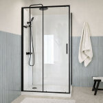 Cabine de douche rectangle 115x90 - colonne thermostatique noire et receveur bas effet pierre