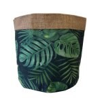 Cache pot en jute motifs feuilles exotiques 14 cm