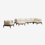 Canapé d'angle de jardin modulable 5 pièces avec pouf et fauteuil en bois d'acacia brayan beige crème ... Canapé d'angle de jardin modulable 5 pièces avec pouf et fauteuil en bois d'acacia brayan beige crème ...