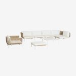 Canap� d'angle de jardin modulable 5 pi�ces avec pouf, fauteuil et table basse roubly beige amande
