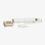 Canap d'angle de jardin modulable 5 pices avec pouf, fauteuil et table basse roubly beige amande