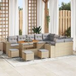 Canap� de jardin 13 pi�ces avec coussins beige en rattan poly acacia, ensemble de d�ner de jardin 4 pi�ces ...