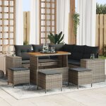 Canap� de jardin 9 pi�ces avec coussins en gris poly rattan acacia, table de jardin 4 pi�ces avec coussins ...
